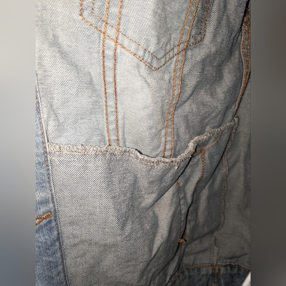 Denim Jean Jacket Patchwork Fringe Pockets Unique - Picture 4 of 5